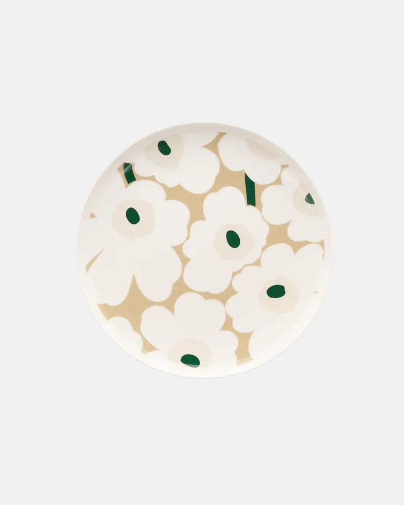Marimekko Oiva / Unikko Plate, White/Beige/Light Sand/Dark Green