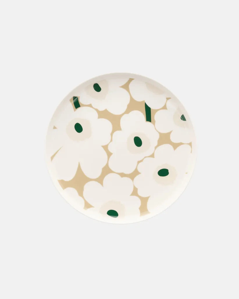 Marimekko Oiva / Unikko Plate, White/Beige/Light Sand/Dark Green