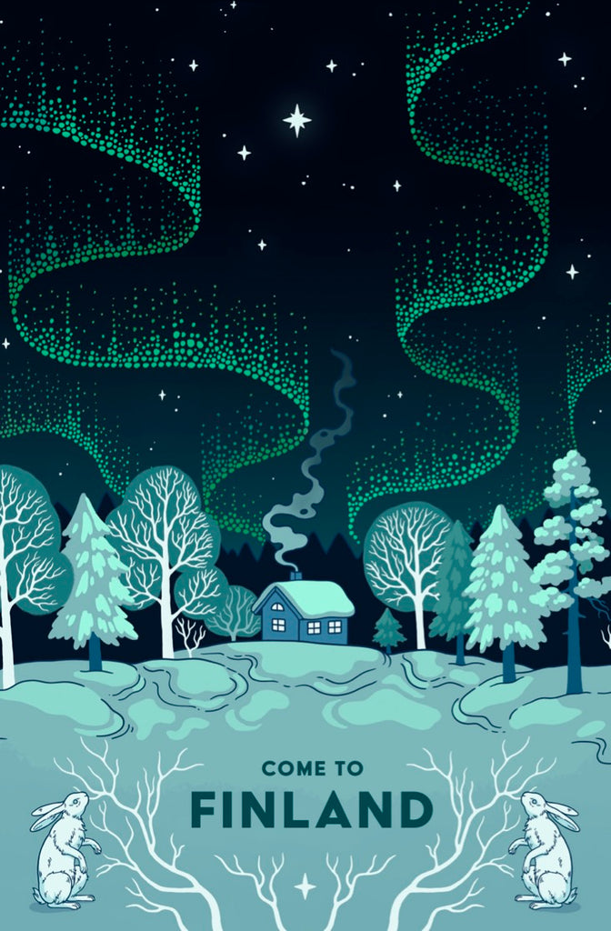 Come to Finland Postcard, Northern Lights Over the Cottage