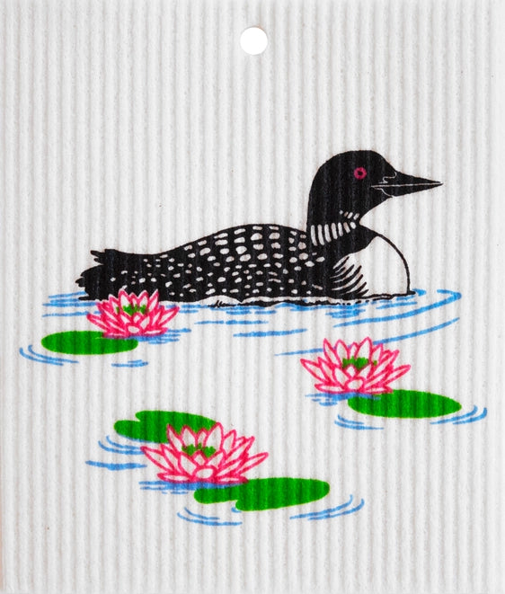 Loon in Water Lillies Swedish Dishcloth
