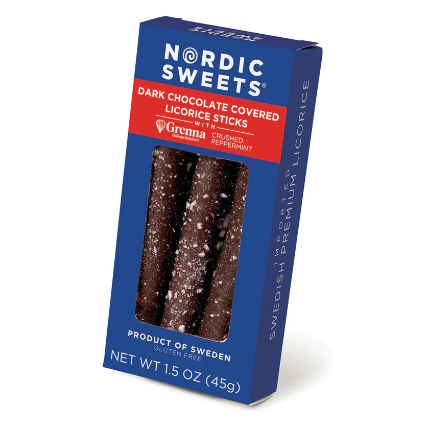 Nordic Sweets Dark Chocolate Covered Licorice Sticks with Crushed Peppermint