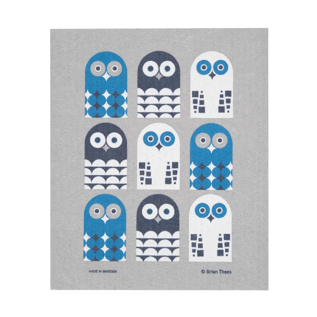Owl Family Blue Swedish Dishcloth