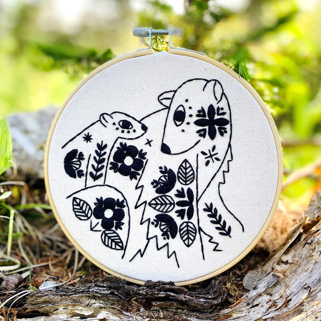 Hook, Line & Tinker Embroidery Kit, Folk Polar Bears Black