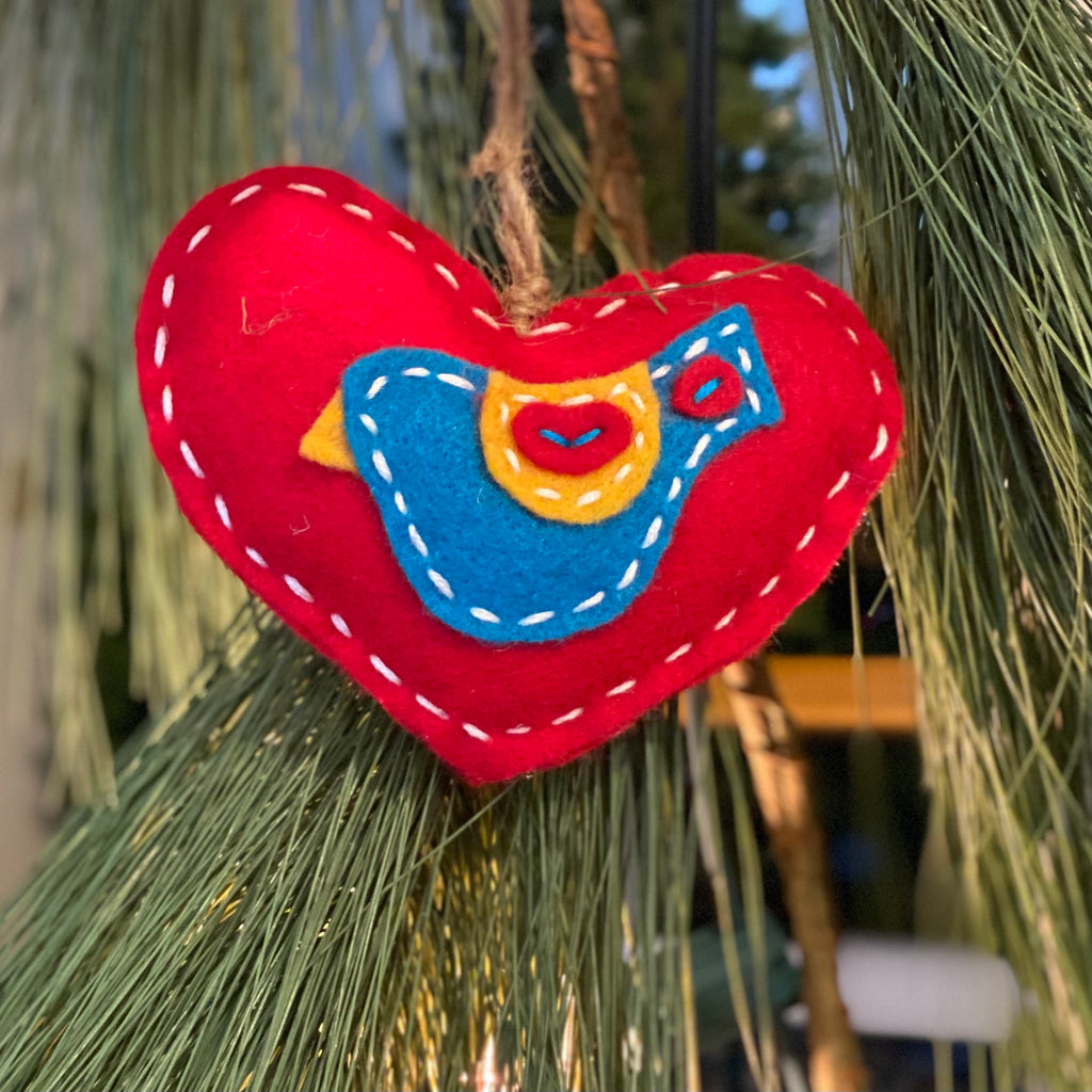 Jul Gems Felt Ornament, Red Heart with Bird