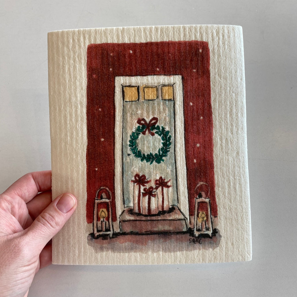 Sari's ArtWork Dishcloth, Christmas at the Door